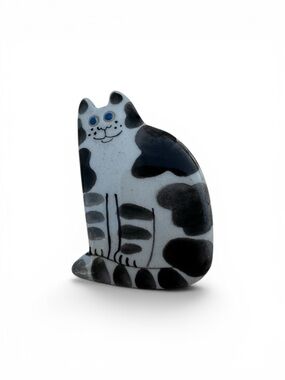 Vintage Hand Painted Cat Brooch Black White Art Pottery Style Pin Blue Eyes